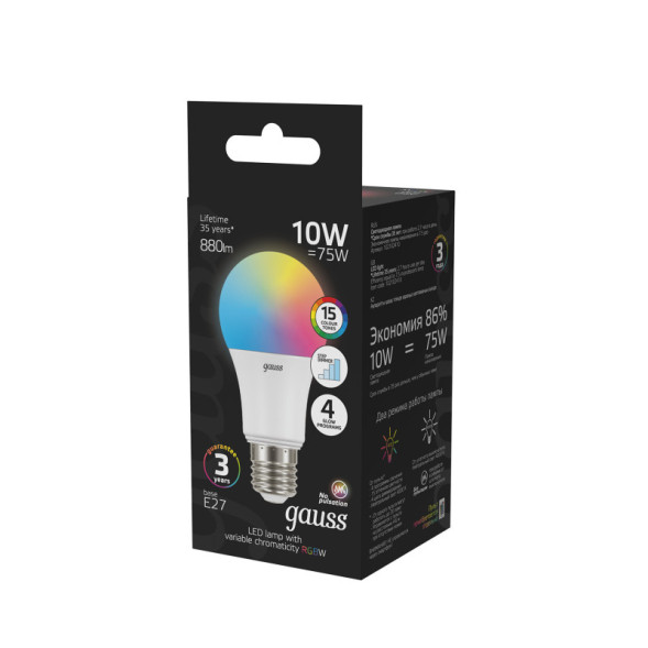 Светодиодная лампа Gauss 102102410 10W 220V 880lm E27 RGB+белый