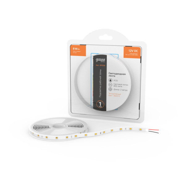 Лента Gauss Basic LED 5050/60 BT020 16W 12V 800lm белый (теплый) IP20