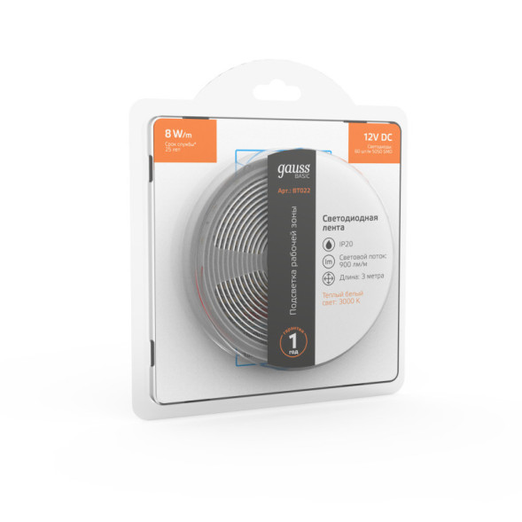 Лента Gauss Basic LED 5050/60 BT022 24W 12V 900lm белый (теплый) IP20