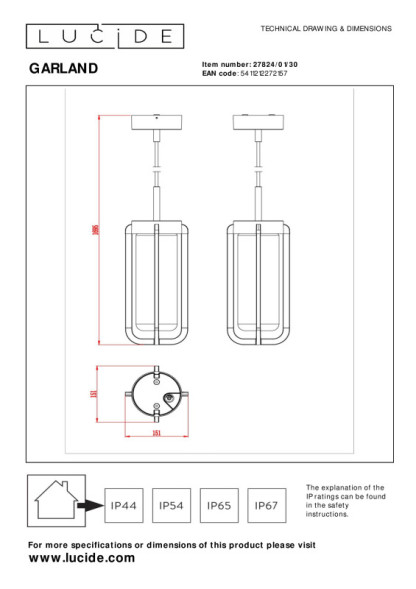 Подвесной уличный светильник LUCIDE Garland 27824/01/30