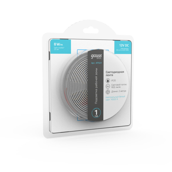 Лента Gauss Basic LED 5050/60 BT021 16W 12V 900lm белый (дневной) IP20