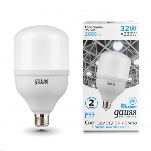 Светодиодная лампа Gauss Elementary T100-160 63223 32W 220V 2600lm E27 белый (дневной)