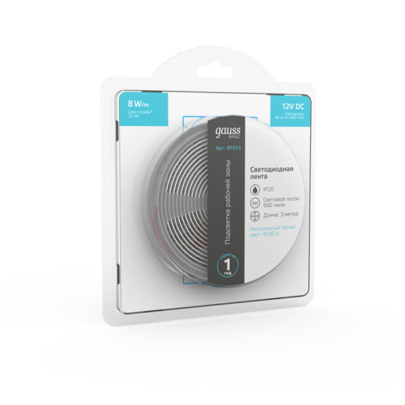 Лента Gauss Basic LED 5050/120 BT023 24W 12V 900lm белый (дневной) IP20