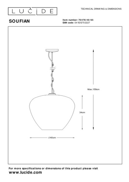 Подвесной светильник LUCIDE SOUFIAN 70478/40/65