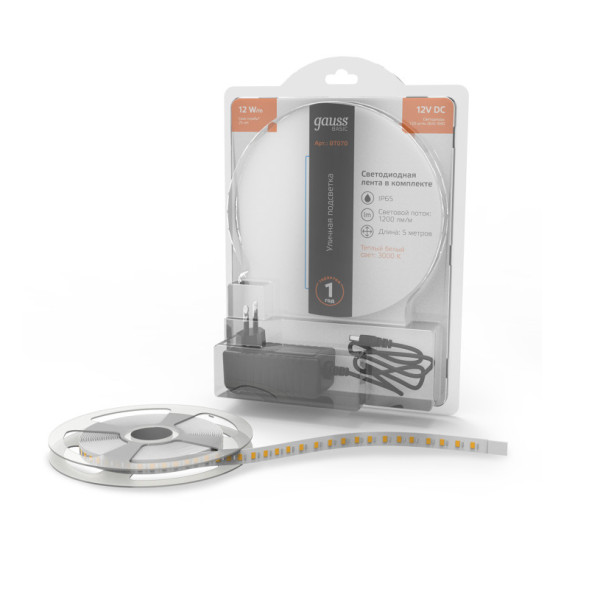 Лента Gauss Basic LED 2835/120 BT070 60W 12V 1200lm белый (теплый) IP65