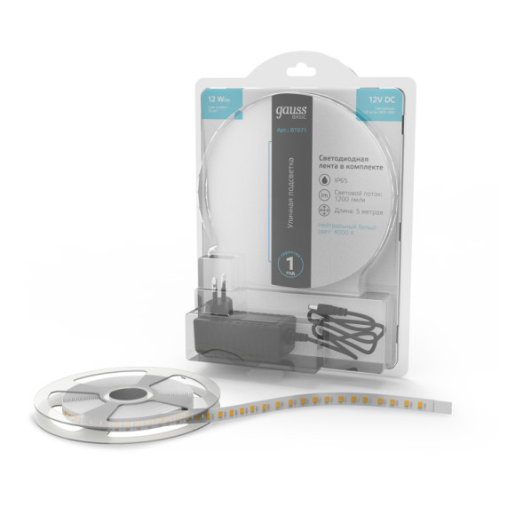 Лента Gauss Basic LED 2835/120 BT071 60W 12V 1200lm белый (дневной) IP65