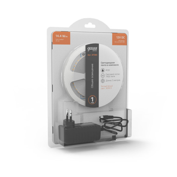 Лента Gauss Basic LED 2835/120 BT085 72W 12V 1400lm белый (теплый) IP20