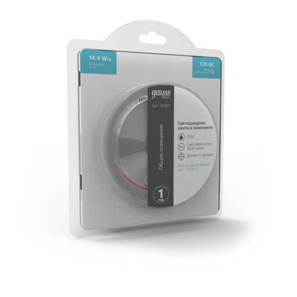 Лента Gauss Basic LED 2835/240 BT087 72W 12V 1600lm белый (дневной) IP20