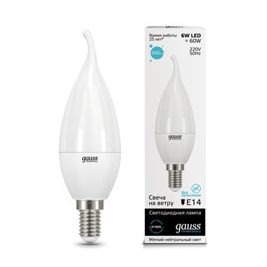 Светодиодная лампа Gauss Свеча 34126 6W 220V 450lm E14 белый (холодный)