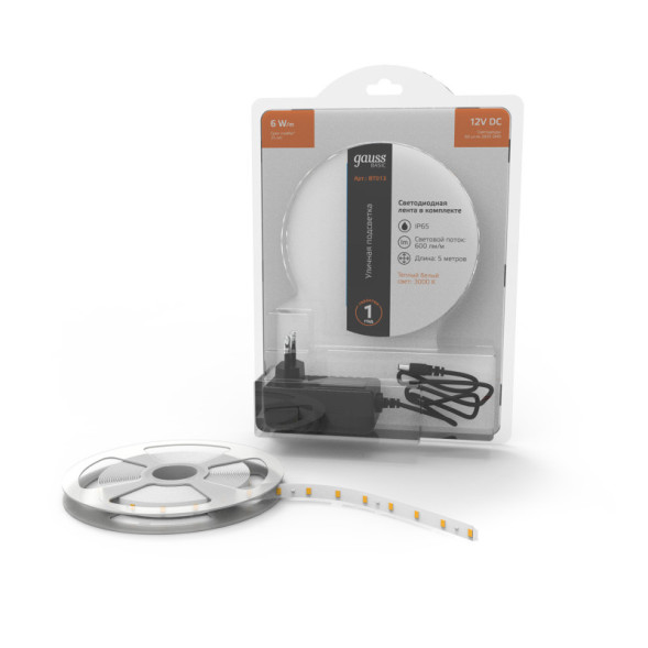 Лента Gauss Basic LED 2835/60 BT013 30W 12V 600lm белый (теплый) IP65