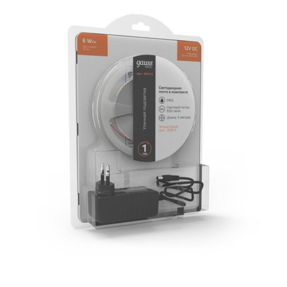 Лента Gauss Basic LED 2835/60 BT013 30W 12V 600lm белый (теплый) IP65