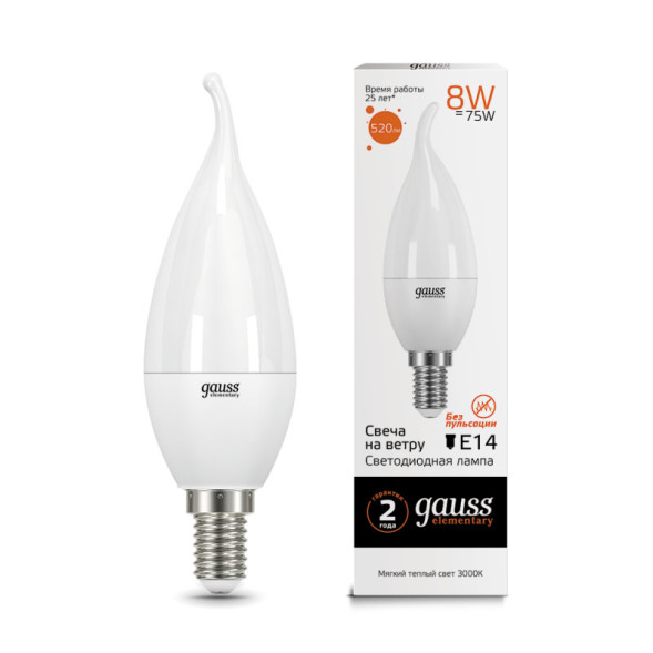 Светодиодная лампа Gauss Свеча 34118 8W 220V 520lm E14 белый (теплый)