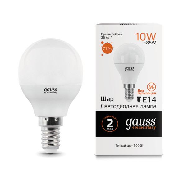 Светодиодная лампа Gauss Шарик 53110 10W 220V 710lm E14 белый (теплый)