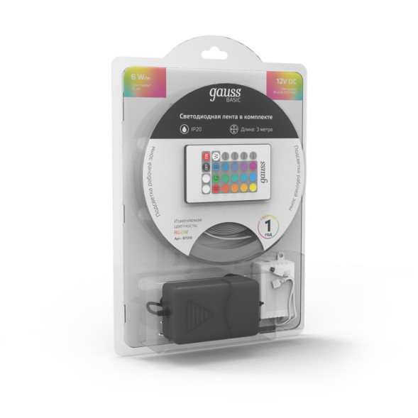 Лента Gauss Basic LED 5050/60 BT010 18W 12V 390lm RGB+белый IP20
