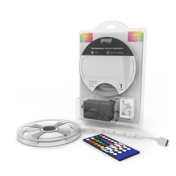 Лента Gauss Basic LED 5050/30 BT011 30W 12V 390lm RGB+белый IP20