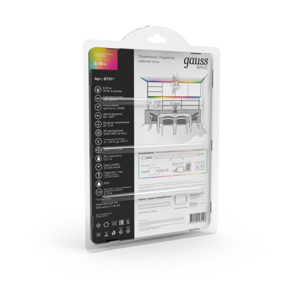 Лента Gauss Basic LED 5050/30 BT011 30W 12V 390lm RGB+белый IP20
