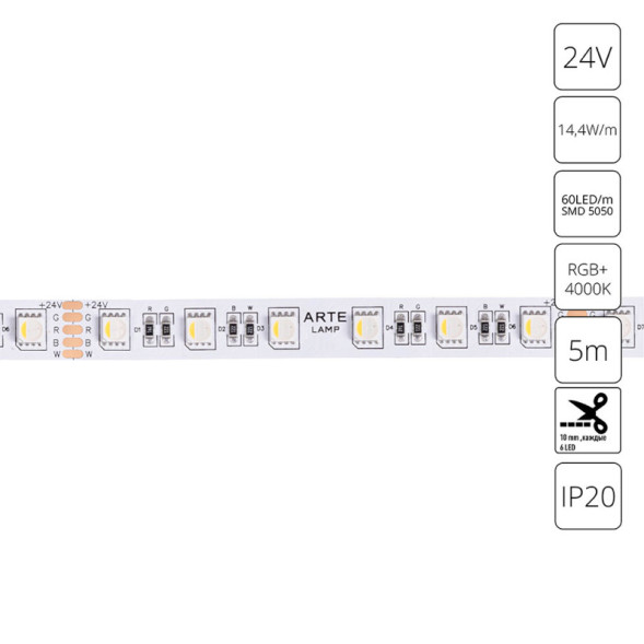 Лента ARTE Lamp TAPE A2406012-01-RGB4K 72W 24V RGB+белый IP20