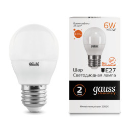 Светодиодная лампа Gauss Шарик 53216 6W 220V 420lm E27 белый (теплый)