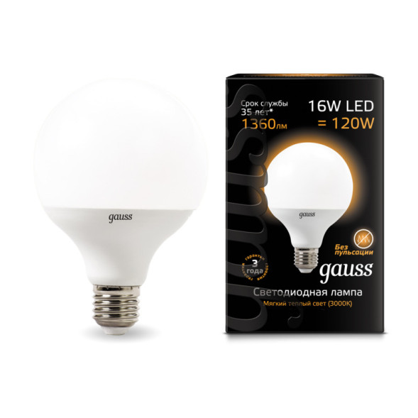 Светодиодная лампа Gauss Шарик 105102116 16W 220V 1360lm E27 белый (теплый)