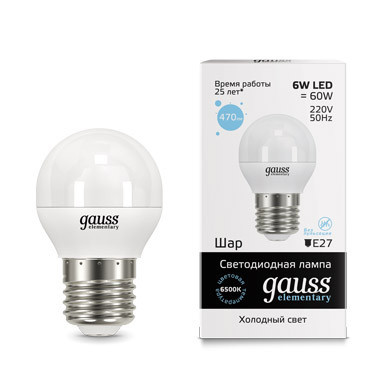 Светодиодная лампа Gauss Шарик 53236 6W 220V 470lm E27 белый (холодный)