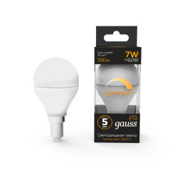 Светодиодная лампа Gauss Шарик 105101107-D 7W 220V 560lm E14 белый (теплый)