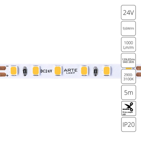 Лента ARTE Lamp TAPE A2412005-01-3K 48W 24V белый (теплый) IP20