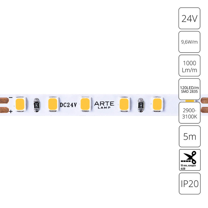 Лента ARTE Lamp TAPE A2412005-01-3K 48W 24V белый (теплый) IP20