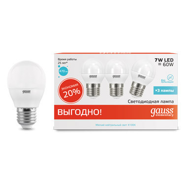 Светодиодная лампа Gauss Шарик 53227T 7W 220V 470lm E27 белый (дневной)