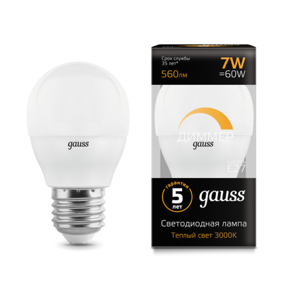 Светодиодная лампа Gauss Шарик 105102107-D 7W 220V 560lm E27 белый (теплый)