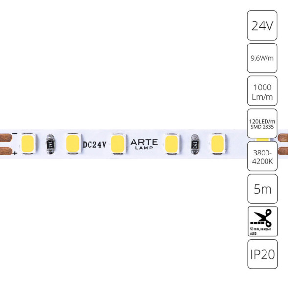 Лента ARTE Lamp TAPE A2412005-02-4K 48W 24V белый (дневной) IP20