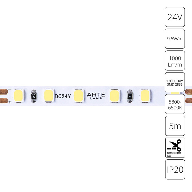 Лента ARTE Lamp TAPE A2412005-03-6K 48W 24V белый (холодный) IP20
