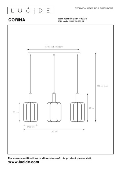 Подвесной светильник LUCIDE CORINA 03447/03/38