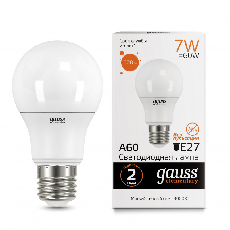 Светодиодная лампа Gauss A60 23217A 7W 220V 520lm E27 белый (теплый)