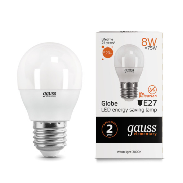 Светодиодная лампа Gauss Шарик 53218 8W 220V 520lm E27 белый (теплый)