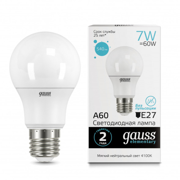 Светодиодная лампа Gauss A60 23227A 7W 220V 540lm E27 белый (дневной)