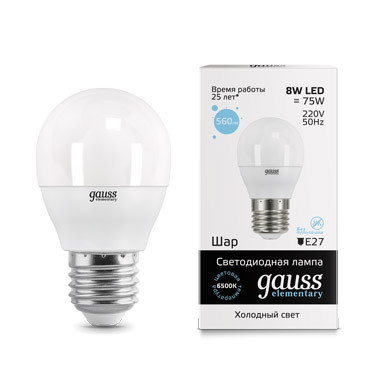 Светодиодная лампа Gauss Шарик 53238 8W 220V 560lm E27 белый (холодный)