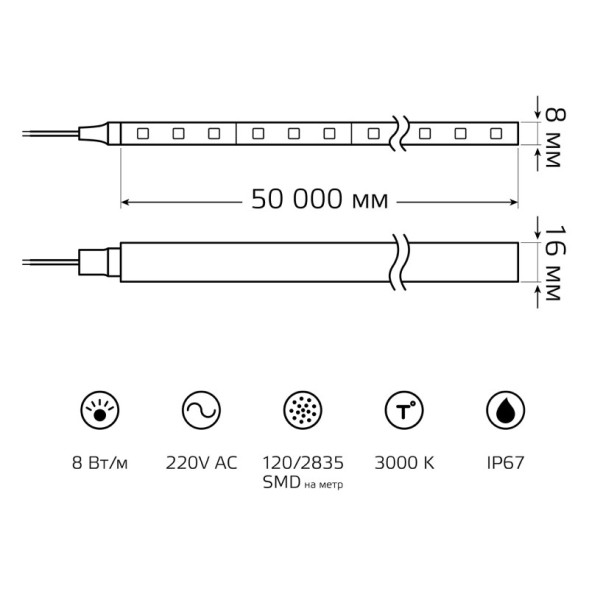 Лента Gauss LED 2835/120-SMD 311000108 8W 220V 10000lm белый (теплый) IP67