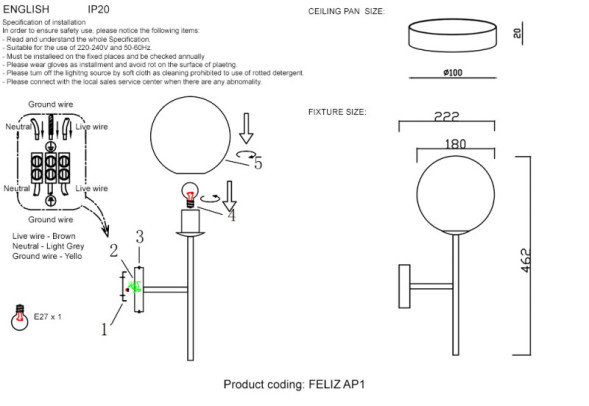 Бра Crystal Lux FELIZ FELIZ AP1 BRONZE/WHITE