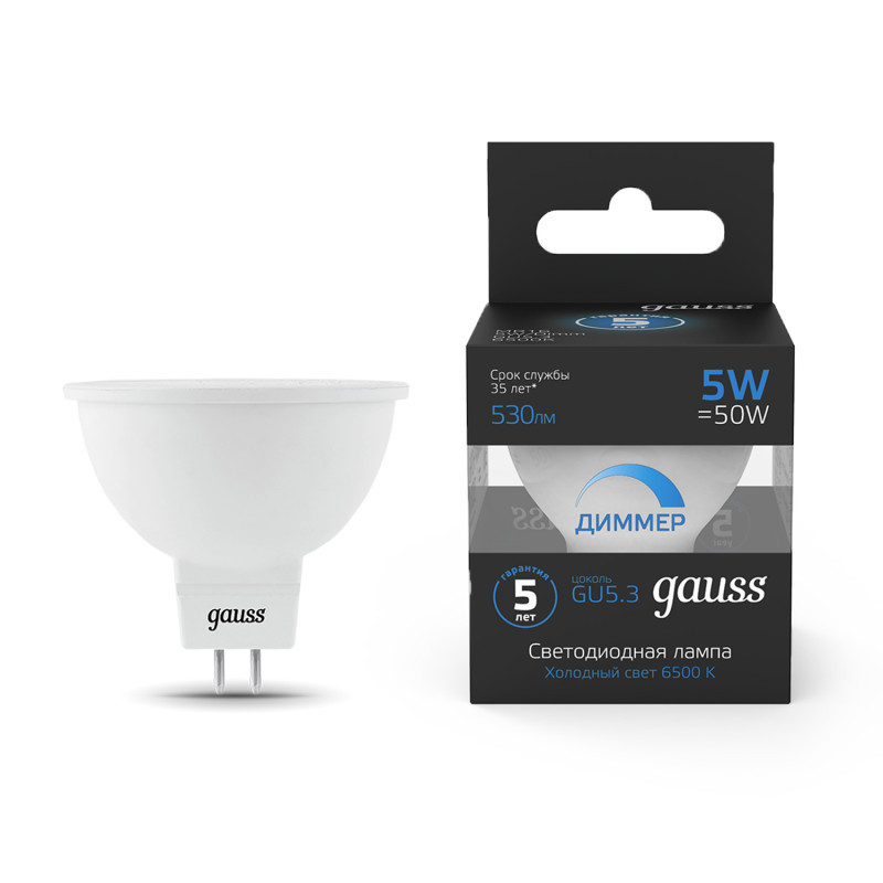 Светодиодная лампа Gauss 101505305-D 5W 220V 530lm GU5.3 белый (холодный)